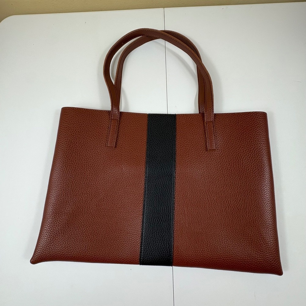 Vince Camuto Brown Pebbled Leather Tote Bag Black‎ Stripe Work Bag